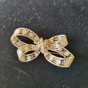 Vintage Sterling Silver Filigree Bow Brooch Pin